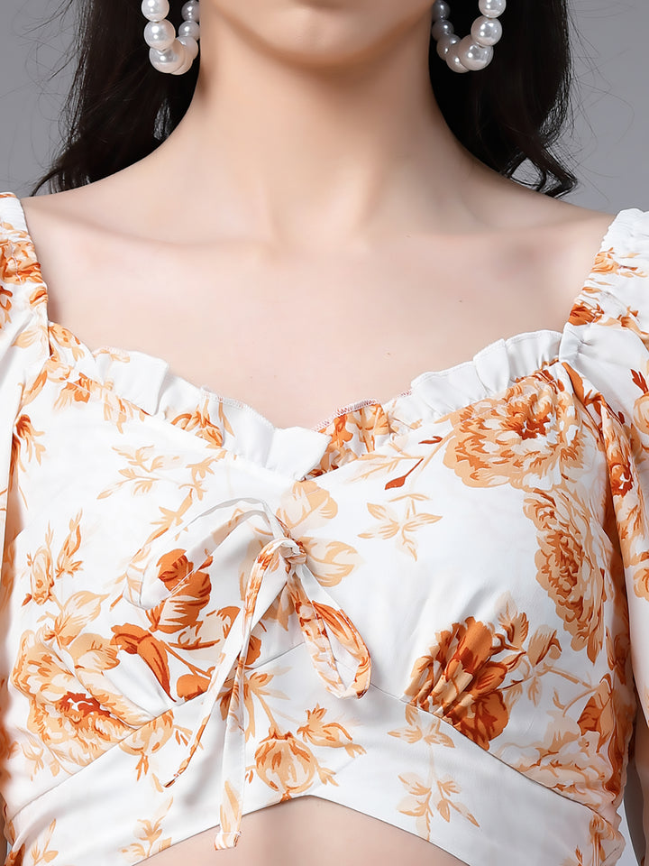 Cream Floral Fitted Ruffeled Neck Crop top