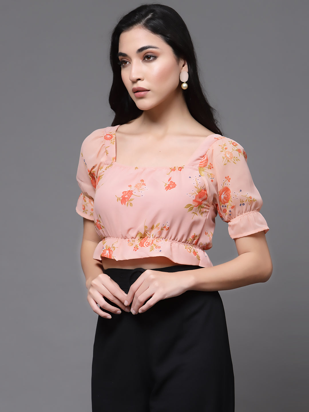 Peach Floral Puff Sleeves Blouson Crop Top