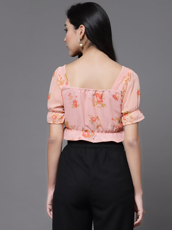 Peach Floral Puff Sleeves Blouson Crop Top