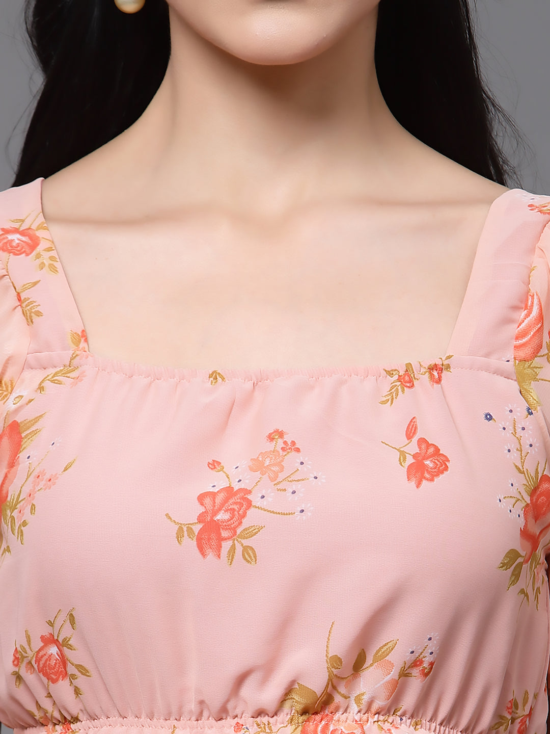 Peach Floral Puff Sleeves Blouson Crop Top