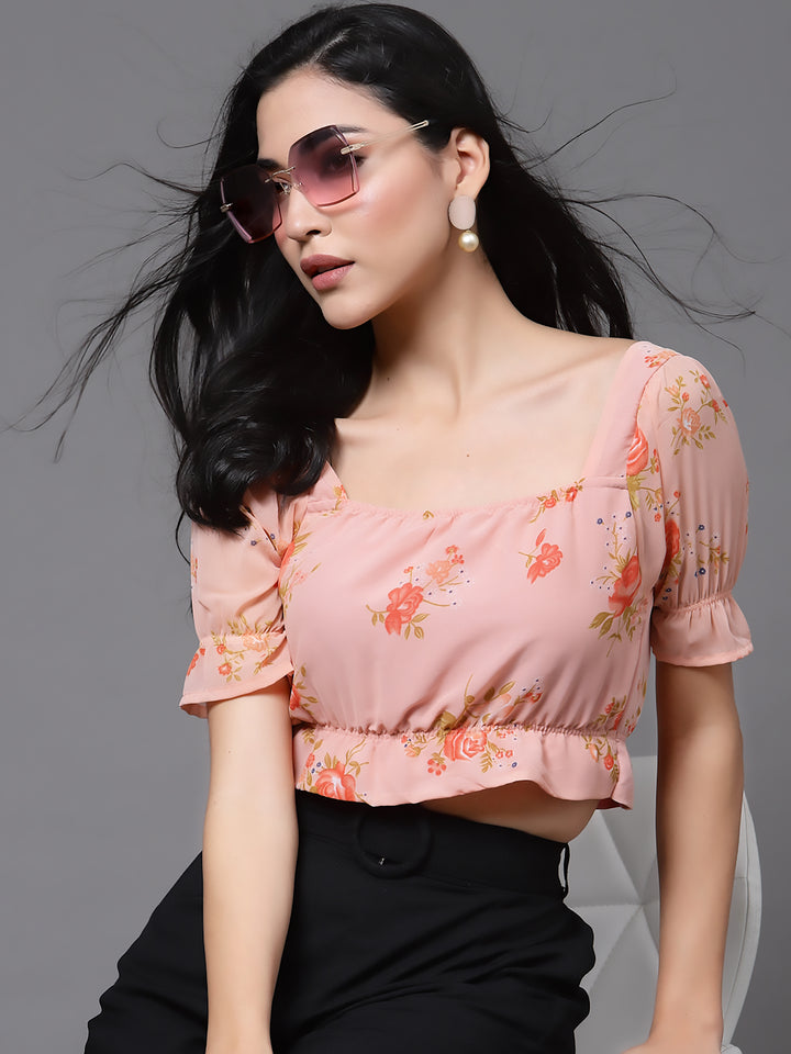 Peach Floral Puff Sleeves Blouson Crop Top