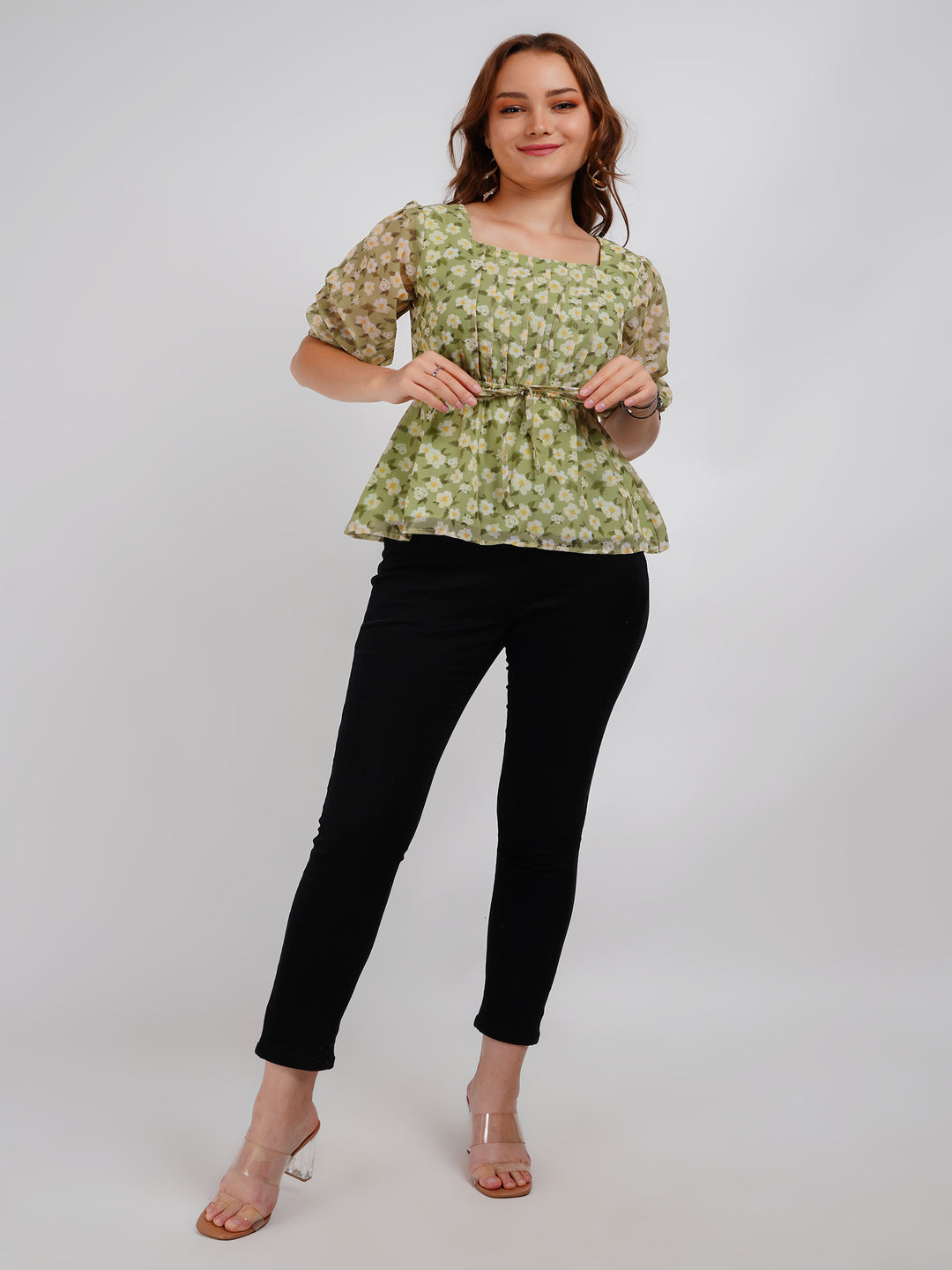 Green Printed Floral Tie up Top