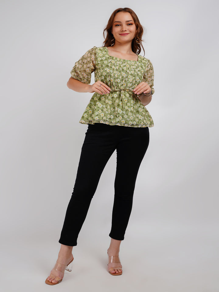 Green Printed Floral Tie up Top