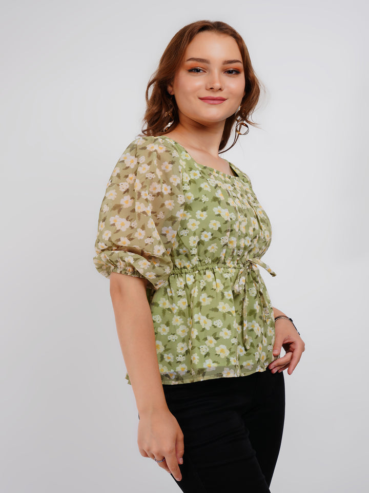 Green Printed Floral Tie up Top