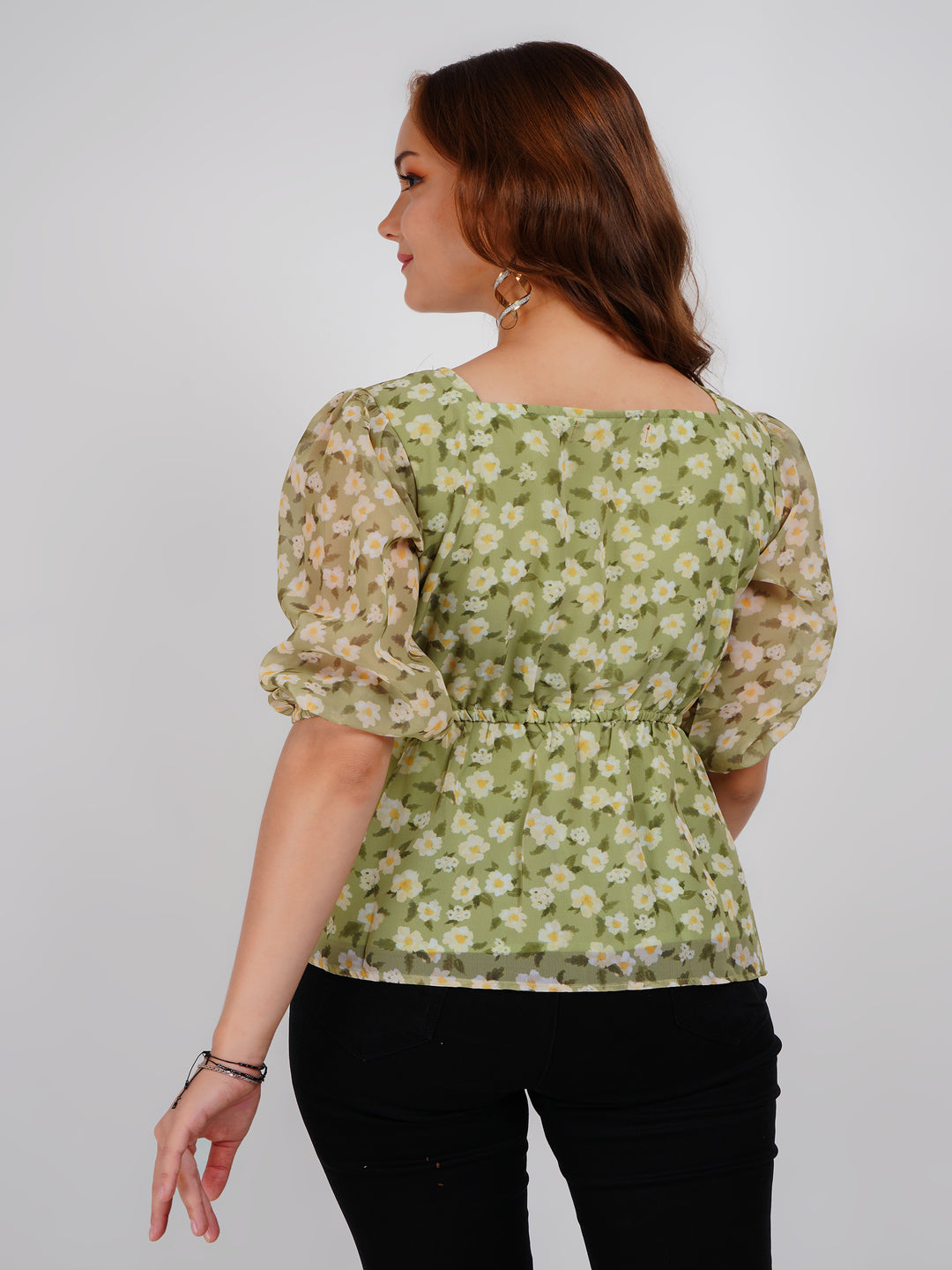 Green Printed Floral Tie up Top