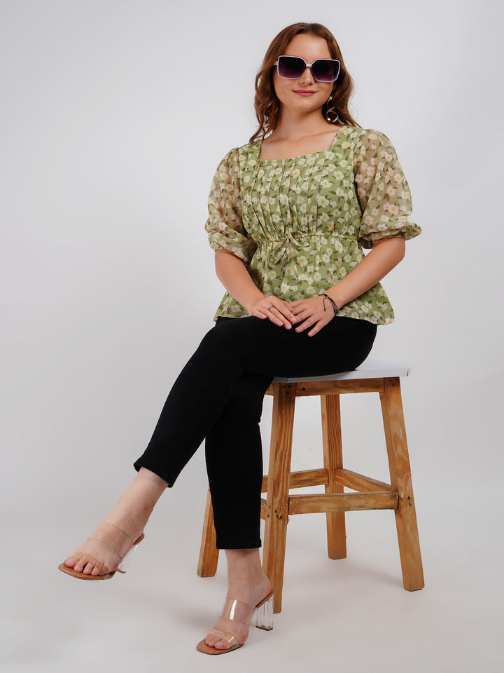 Green Printed Floral Tie up Top