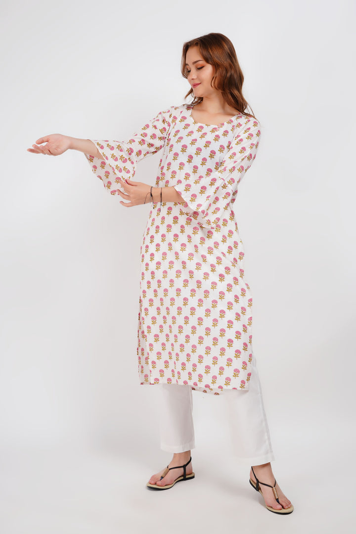 White Block Print Floral Kurta