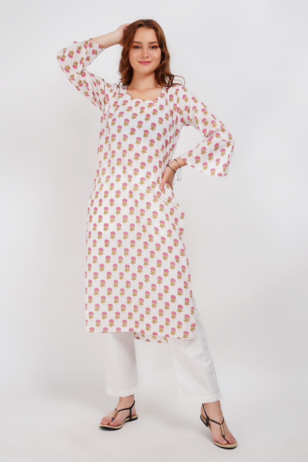 White Block Print Floral Kurta