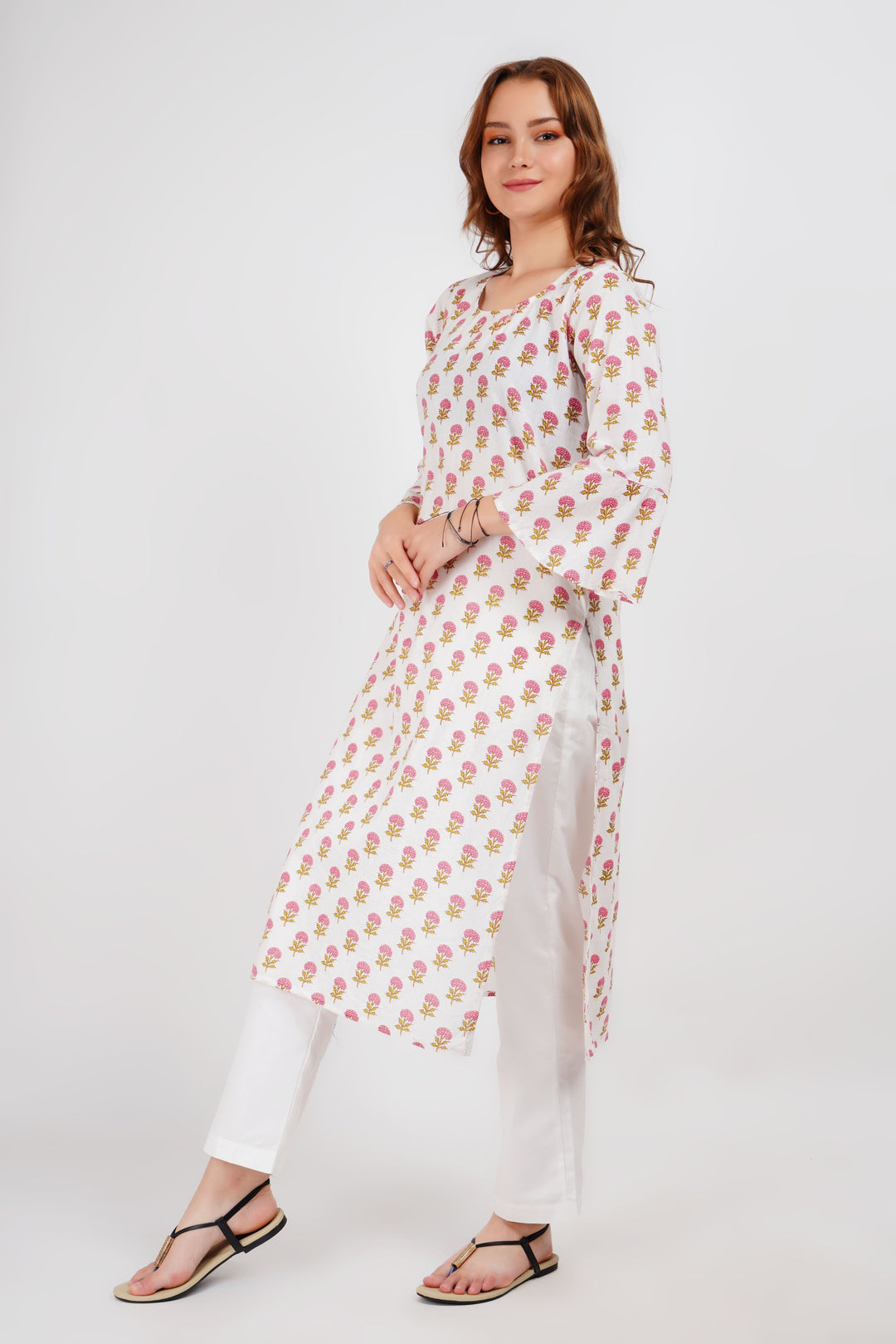 White Block Print Floral Kurta
