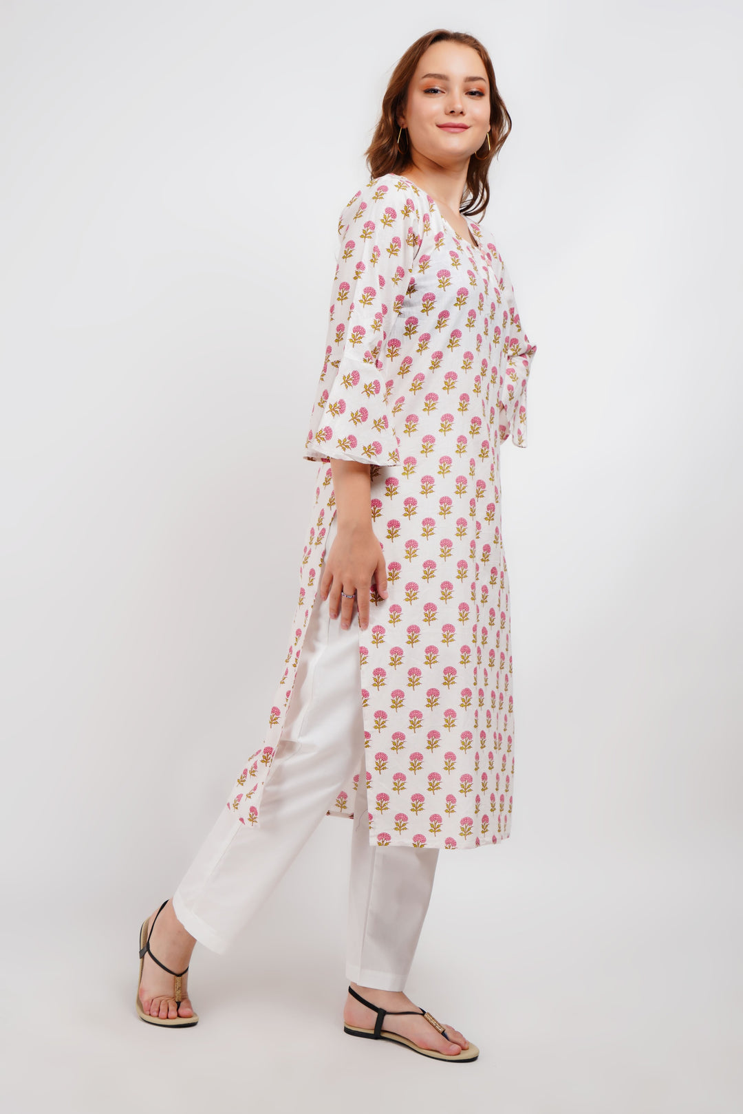 White Block Print Floral Kurta