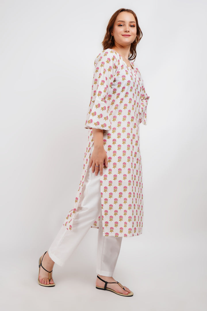 White Block Print Floral Kurta