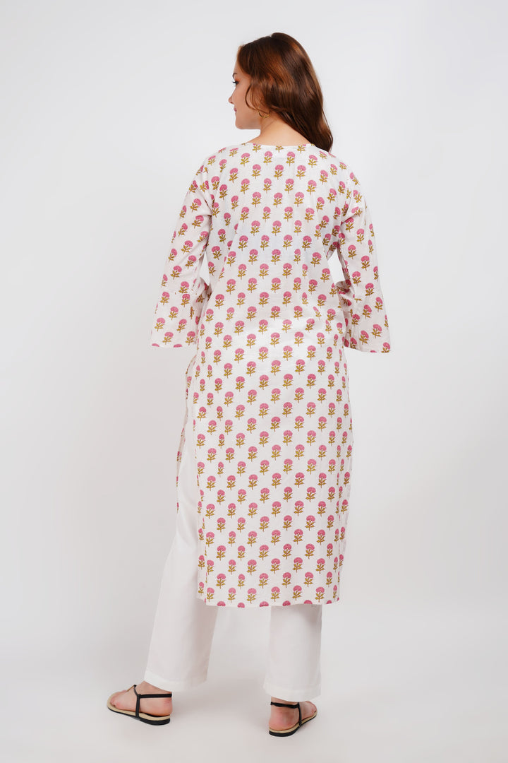 White Block Print Floral Kurta