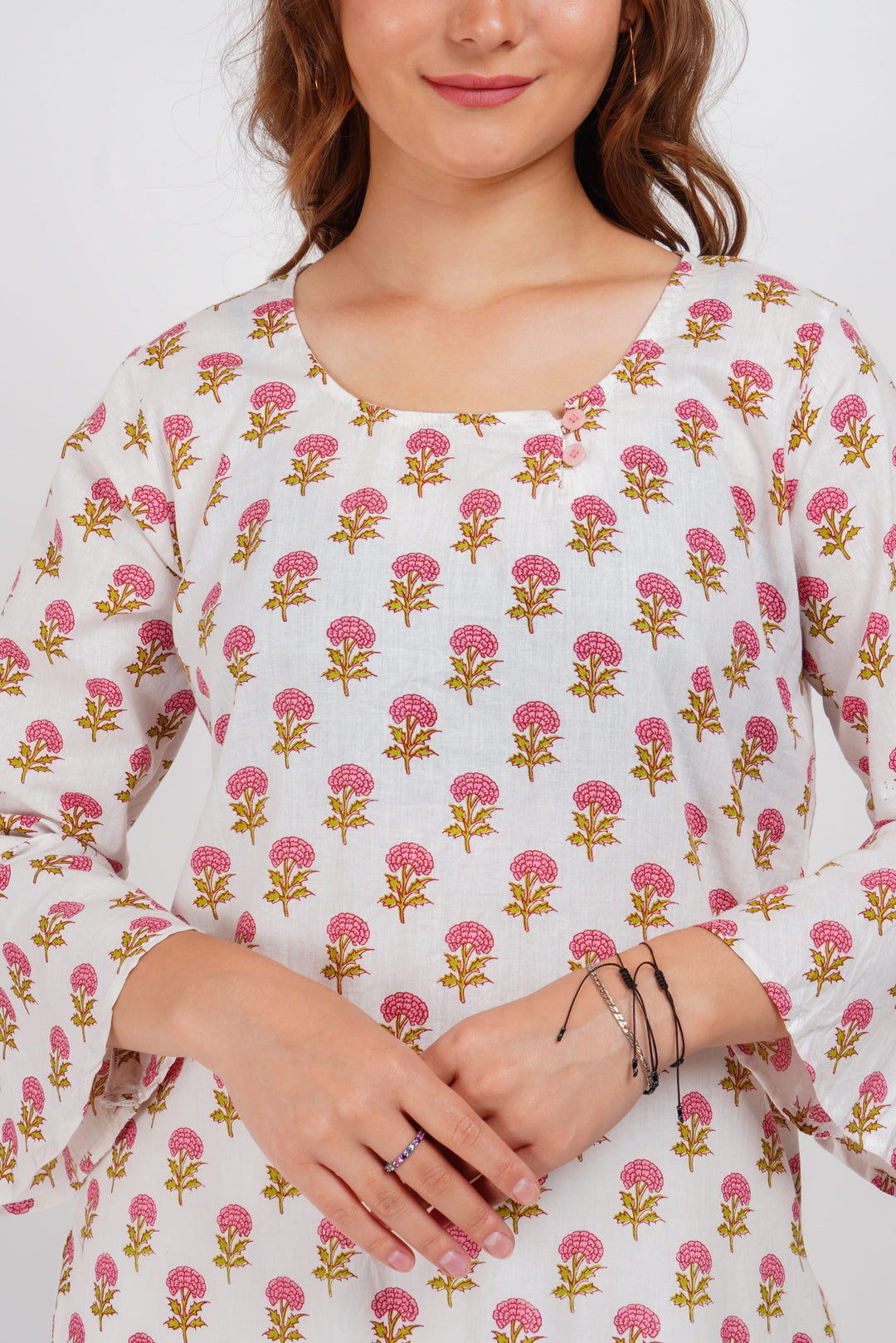 White Block Print Floral Kurta