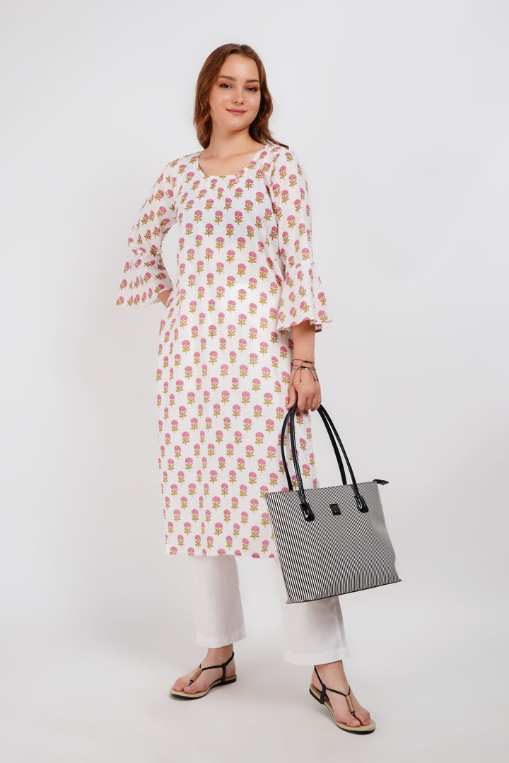 White Block Print Floral Kurta