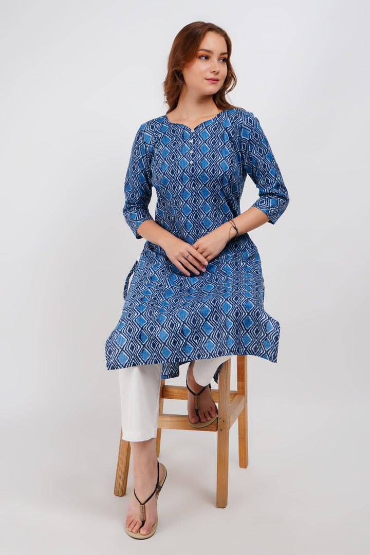 Blue Kantha Print Cotton Kurta