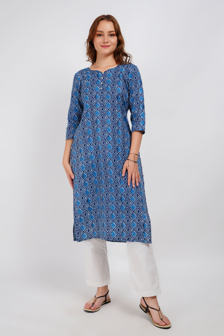 Blue Kantha Print Cotton Kurta