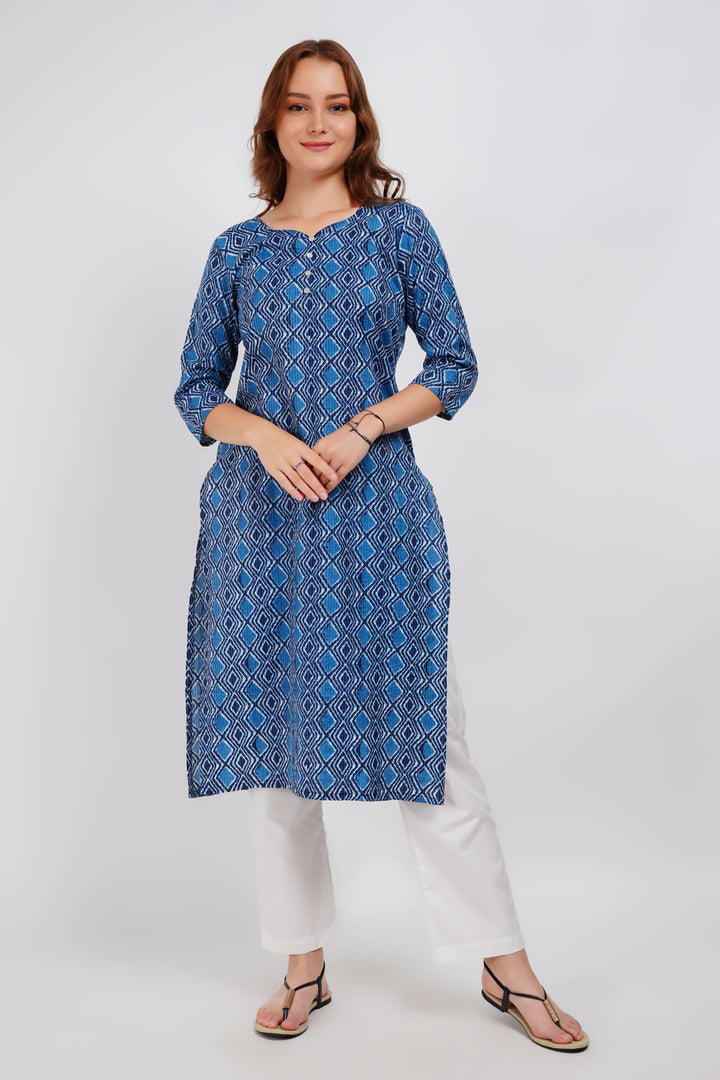 Blue Kantha Print Cotton Kurta