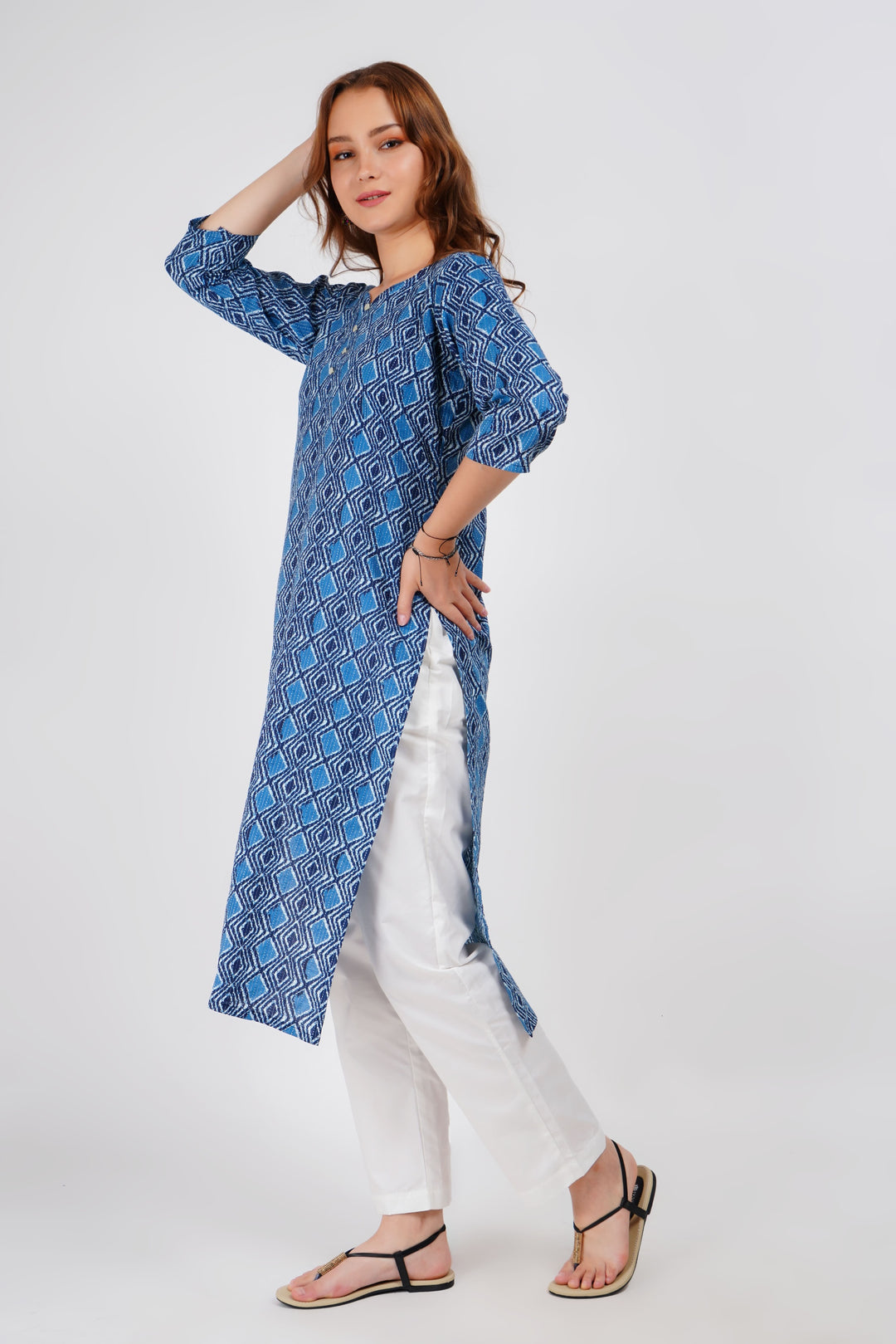 Blue Kantha Print Cotton Kurta