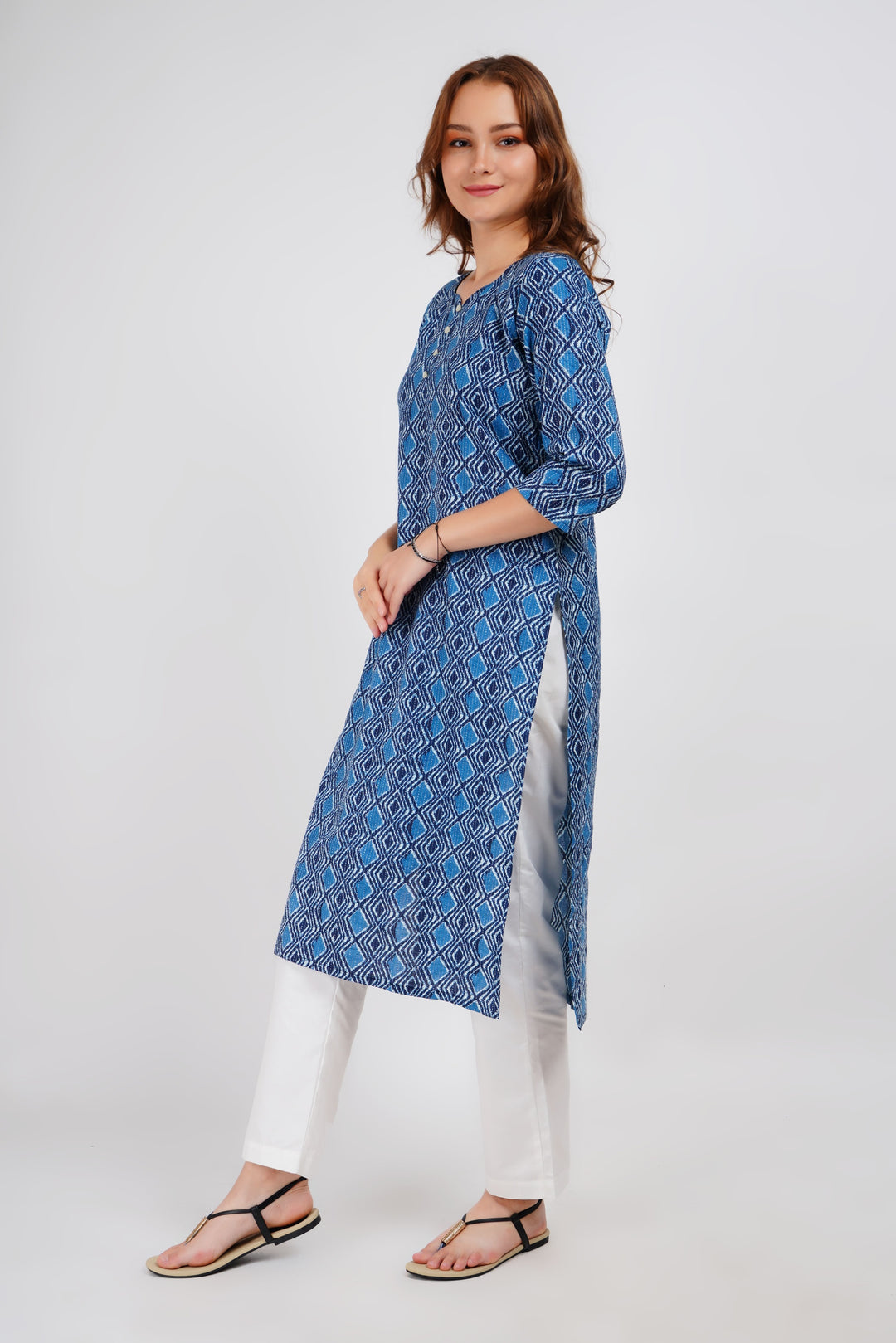 Blue Kantha Print Cotton Kurta