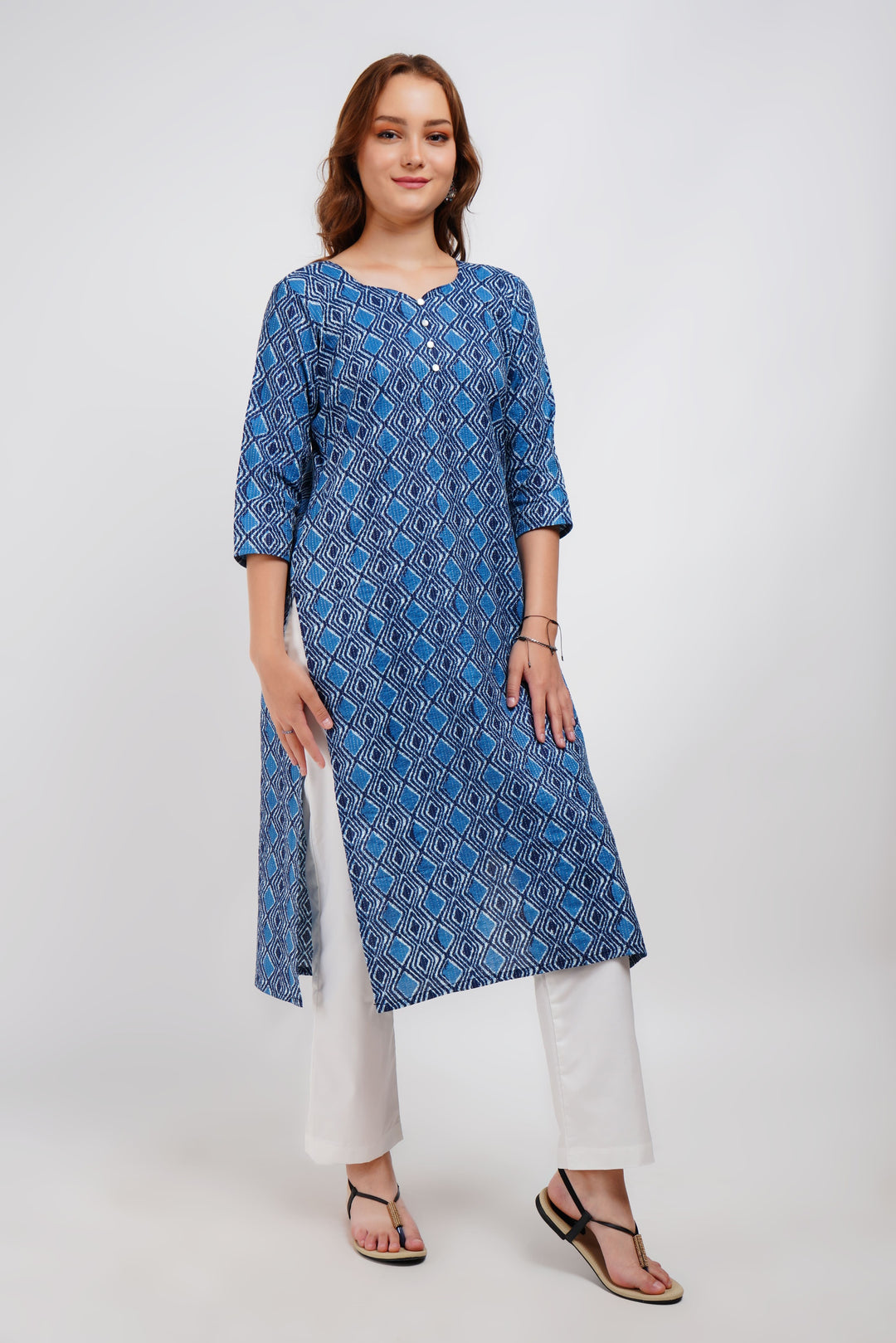 Blue Kantha Print Cotton Kurta