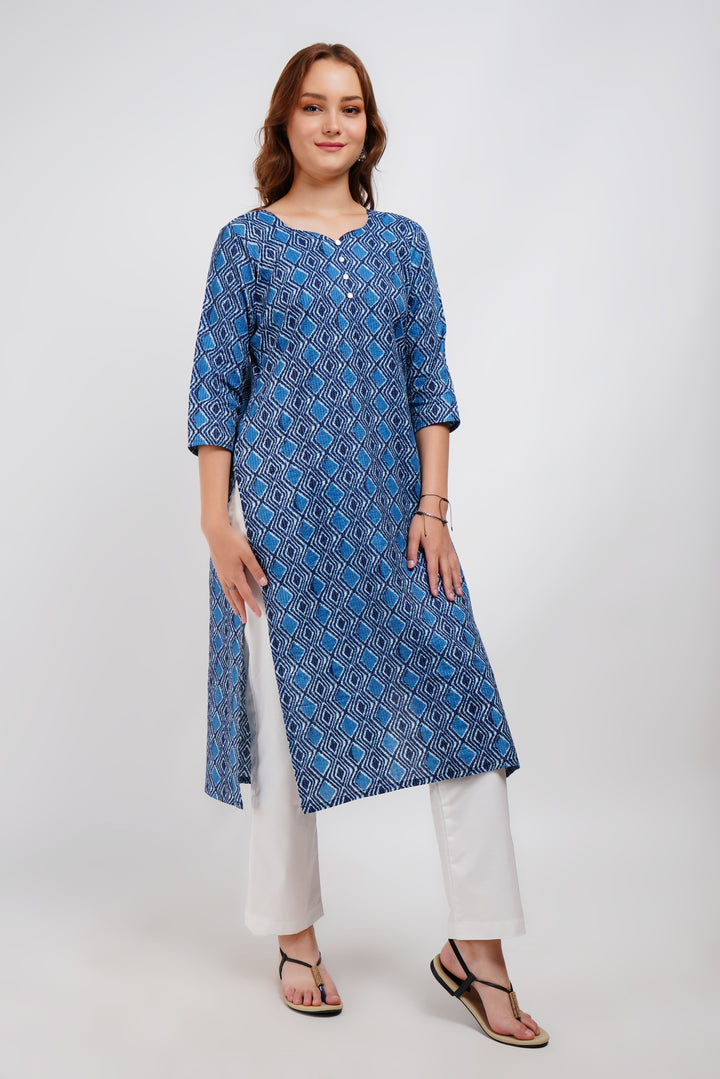 Blue Kantha Print Cotton Kurta