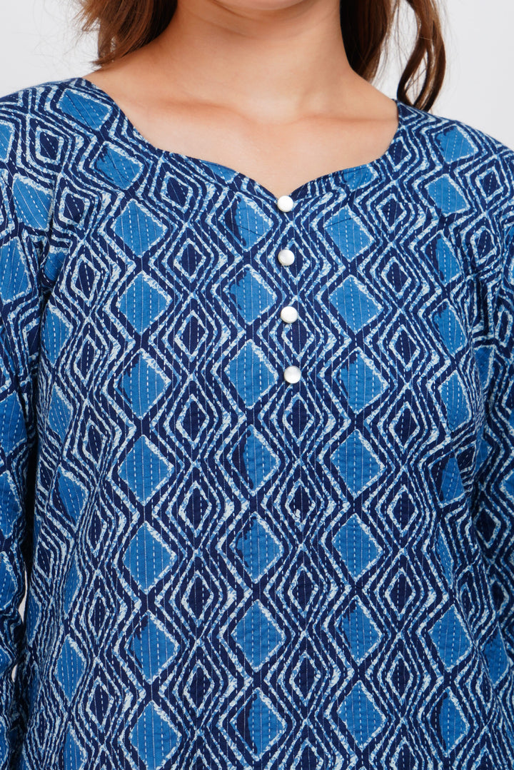 Blue Kantha Print Cotton Kurta