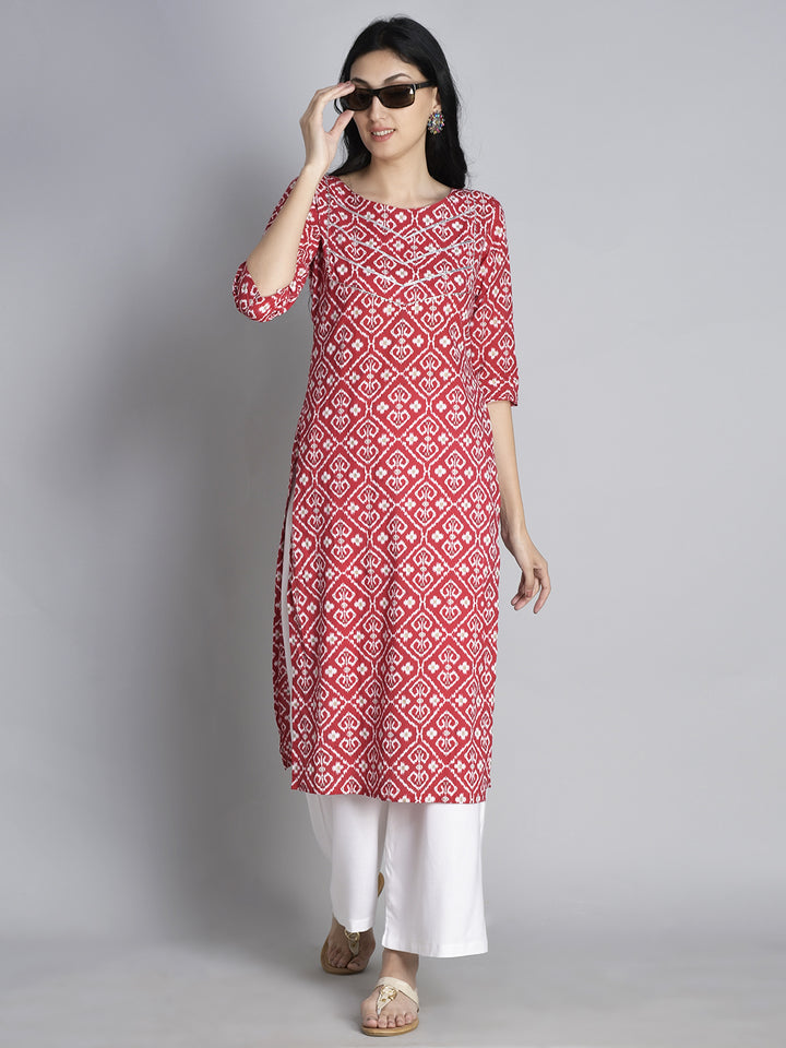Red Printed Gota Work Cotton Kurta