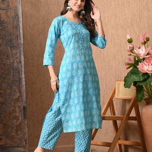 Blue Floral Round Neck Kurta Sets