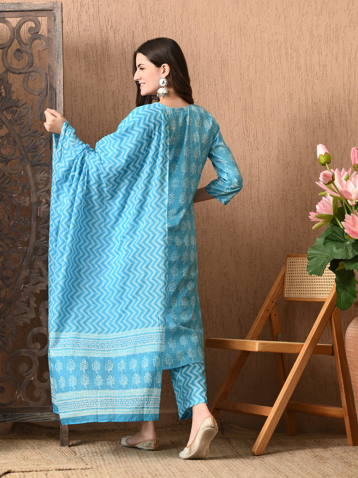 Blue Floral Round Neck Kurta Sets