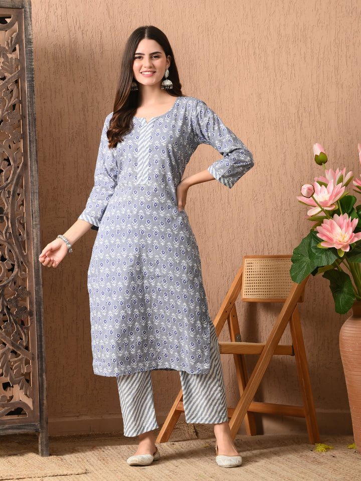 Grey Floral Round Neck Kurta Sets