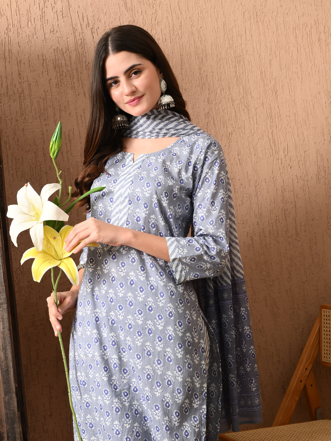 Grey Floral Round Neck Kurta Sets