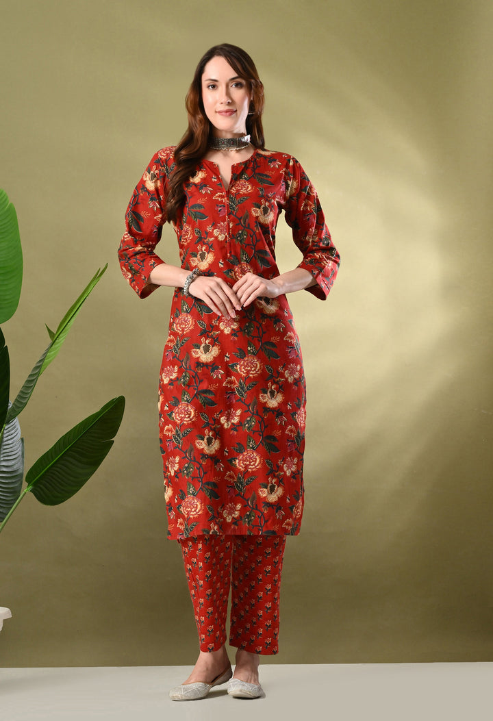 Maroon Floral Round Neck Kurta Sets
