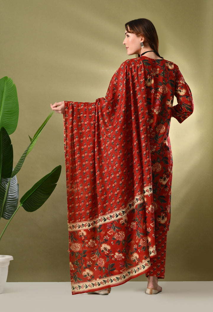 Maroon Floral Round Neck Kurta Sets