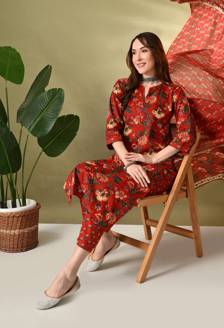 Maroon Floral Round Neck Kurta Sets
