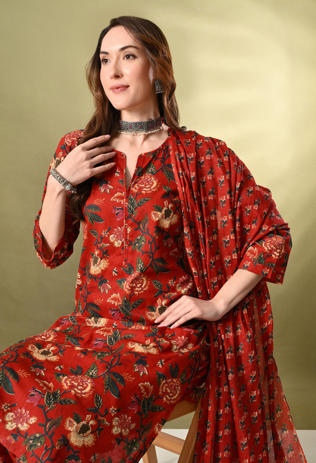 Maroon Floral Round Neck Kurta Sets