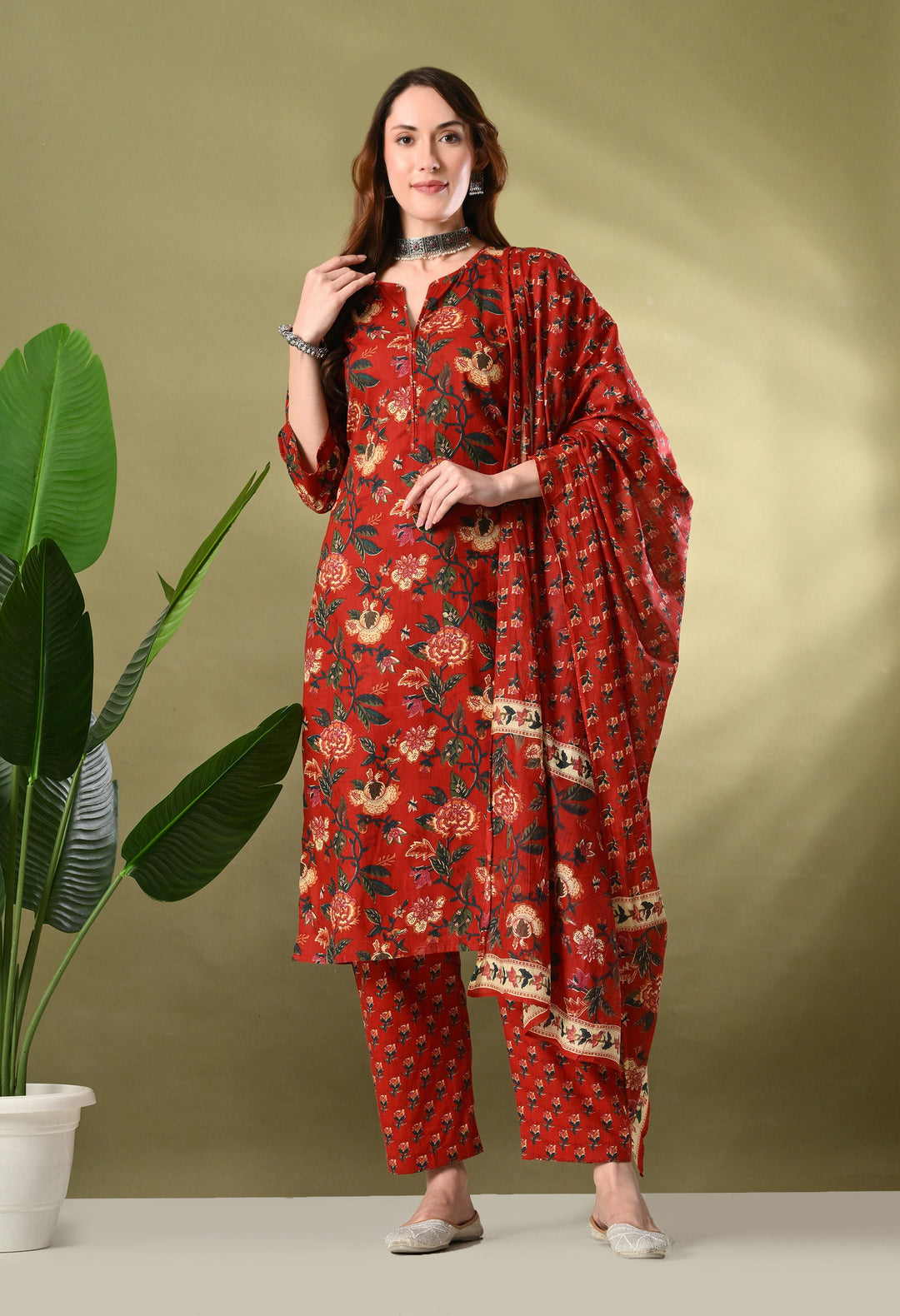 Maroon Floral Round Neck Kurta Sets