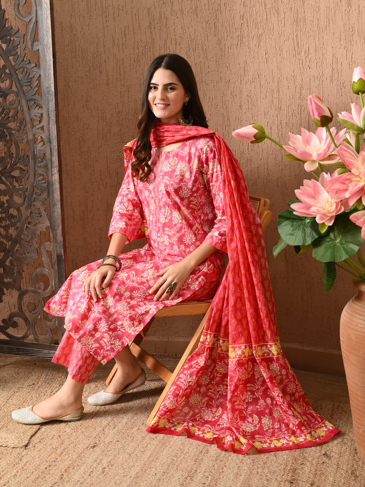 Pink Floral Round Neck Kurta Sets