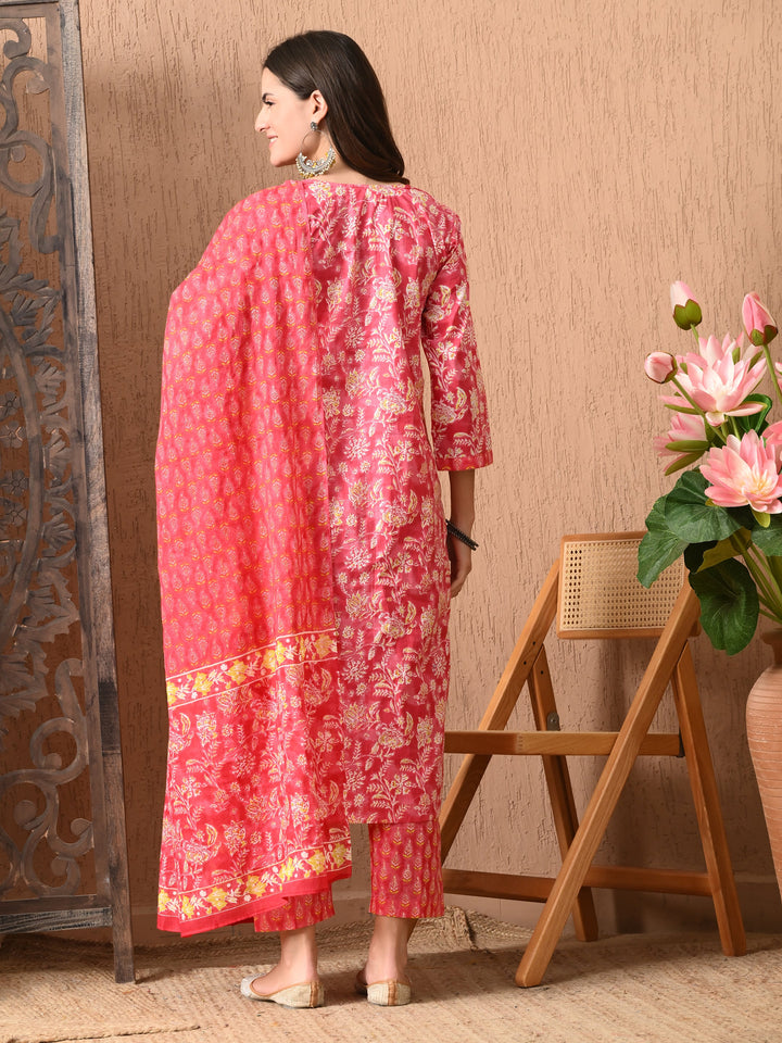 Pink Floral Round Neck Kurta Sets