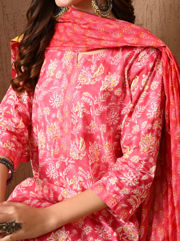 Pink Floral Round Neck Kurta Sets