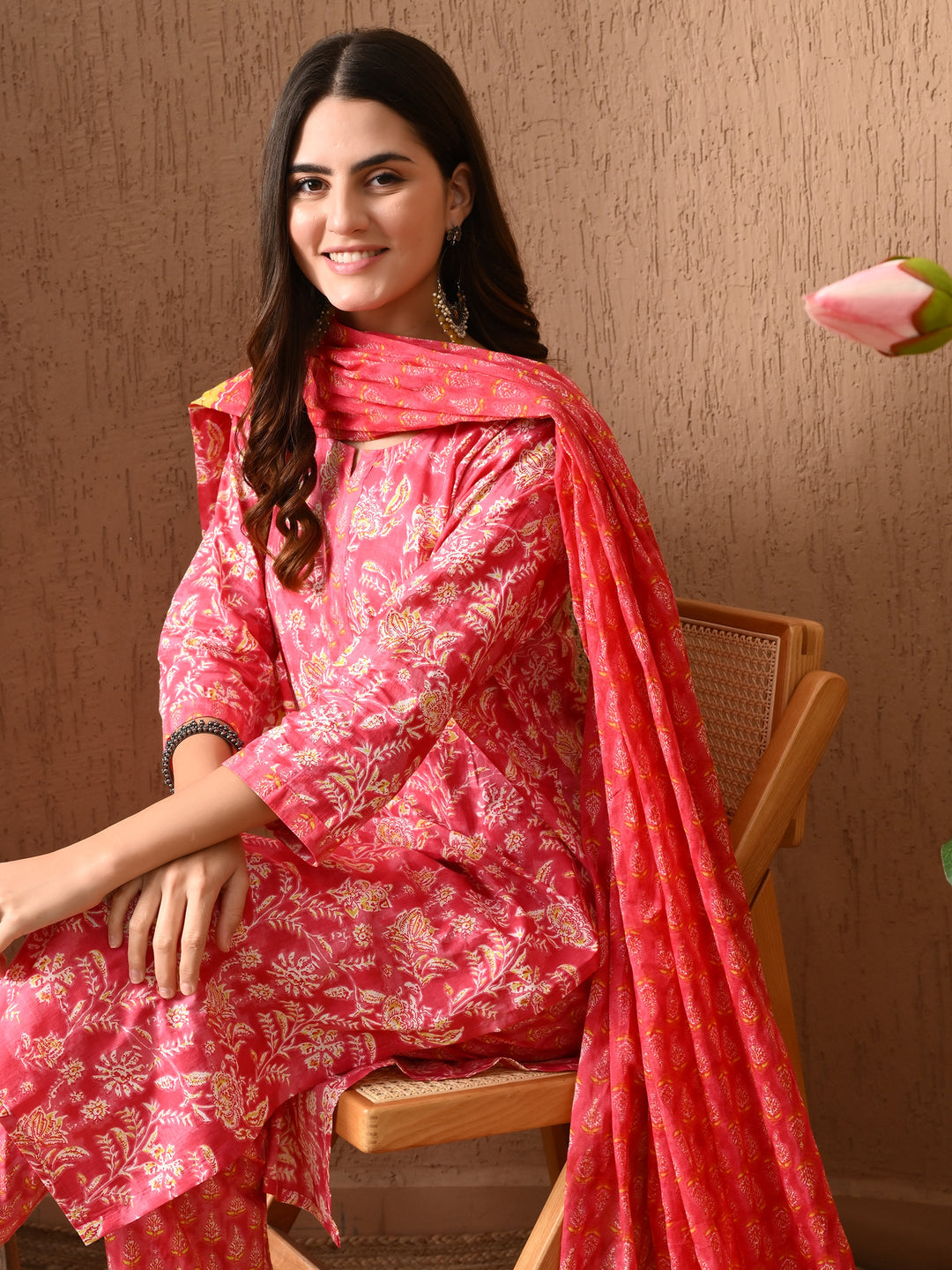 Pink Floral Round Neck Kurta Sets
