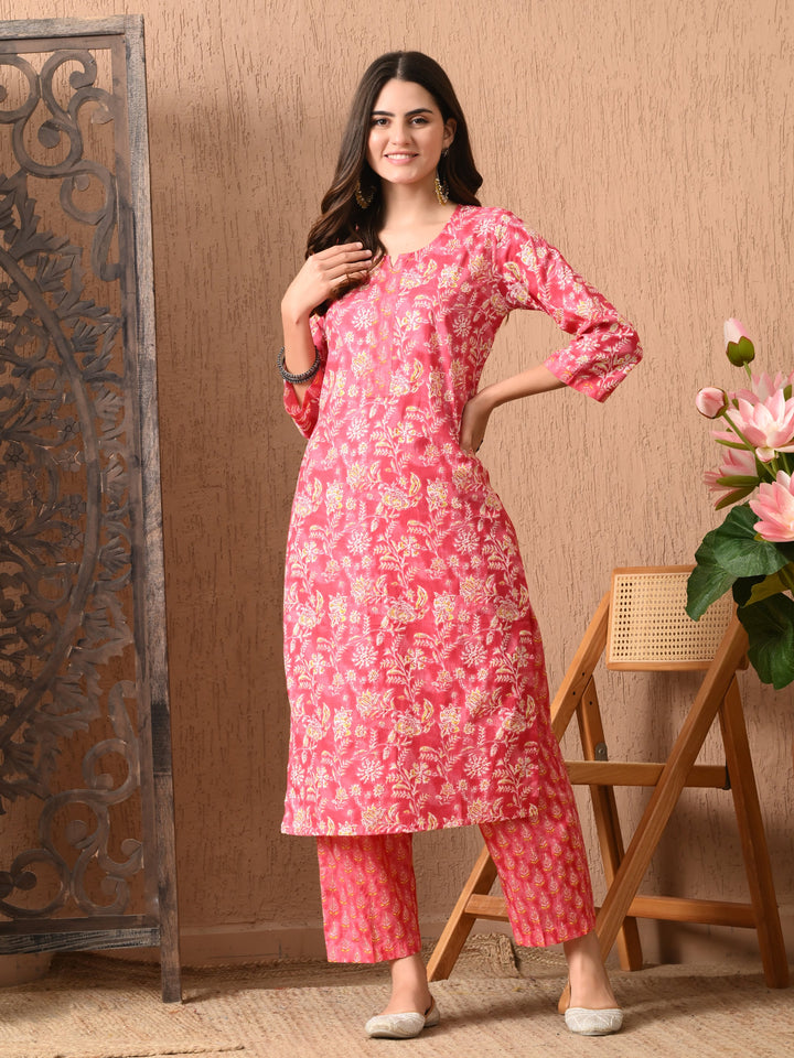Pink Floral Round Neck Kurta Sets