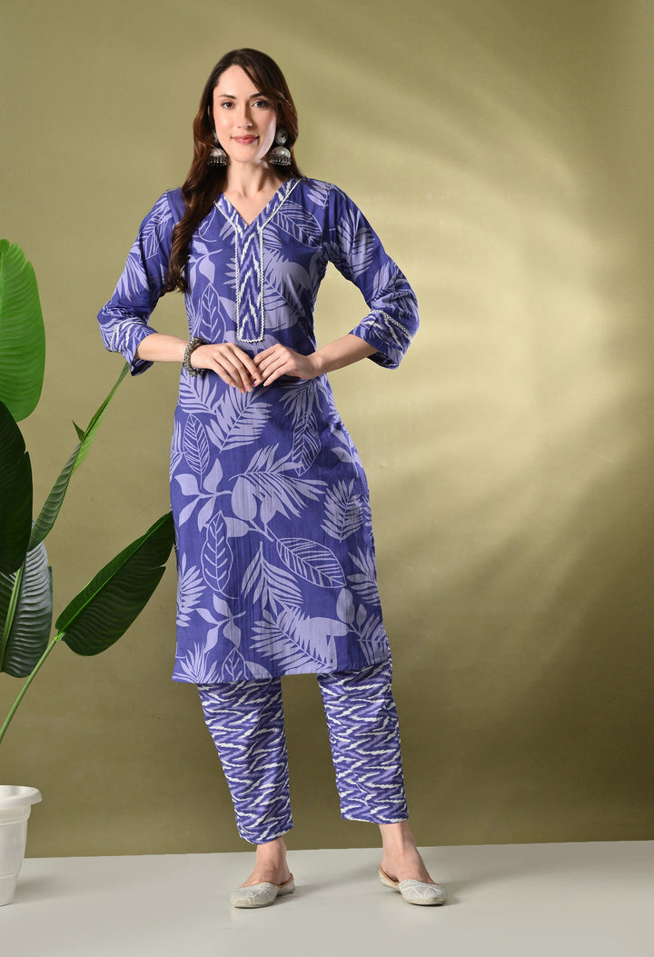 Purple Floral V-Neck Kurta Sets