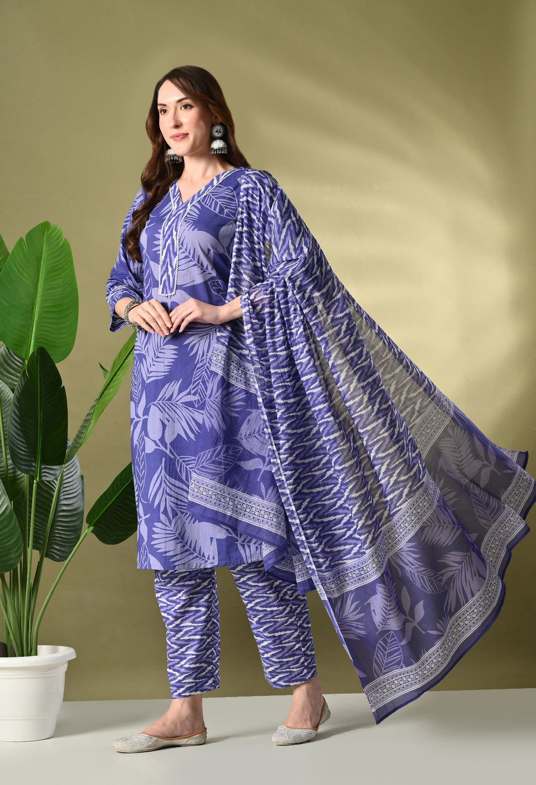 Purple Floral V-Neck Kurta Sets