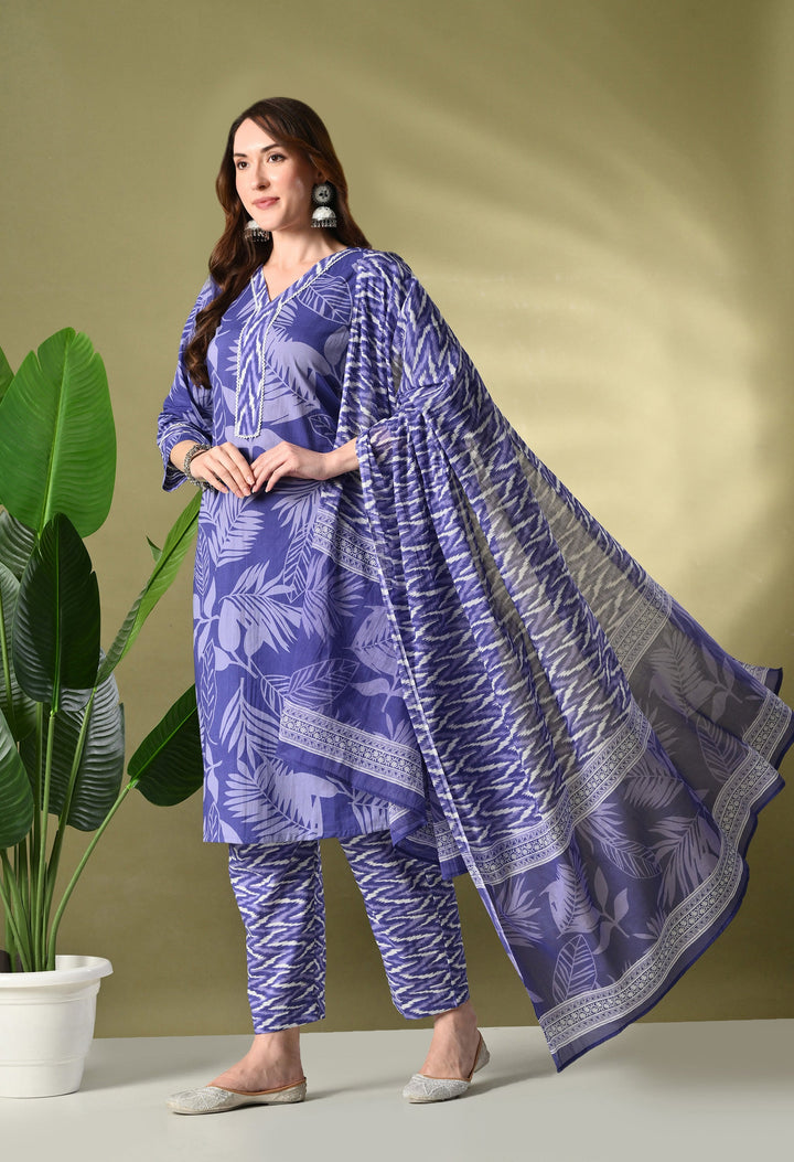 Purple Floral V-Neck Kurta Sets