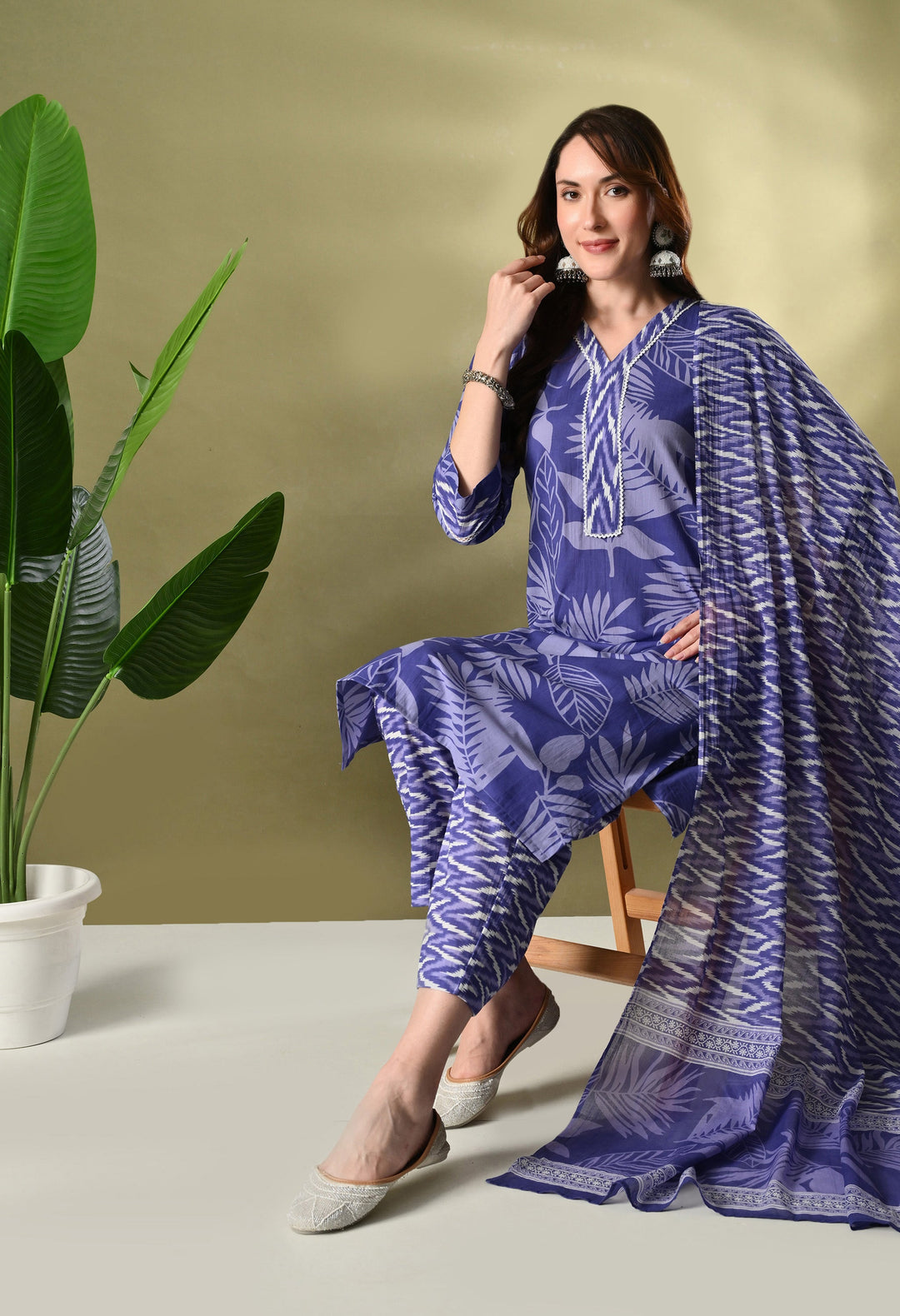 Purple Floral V-Neck Kurta Sets