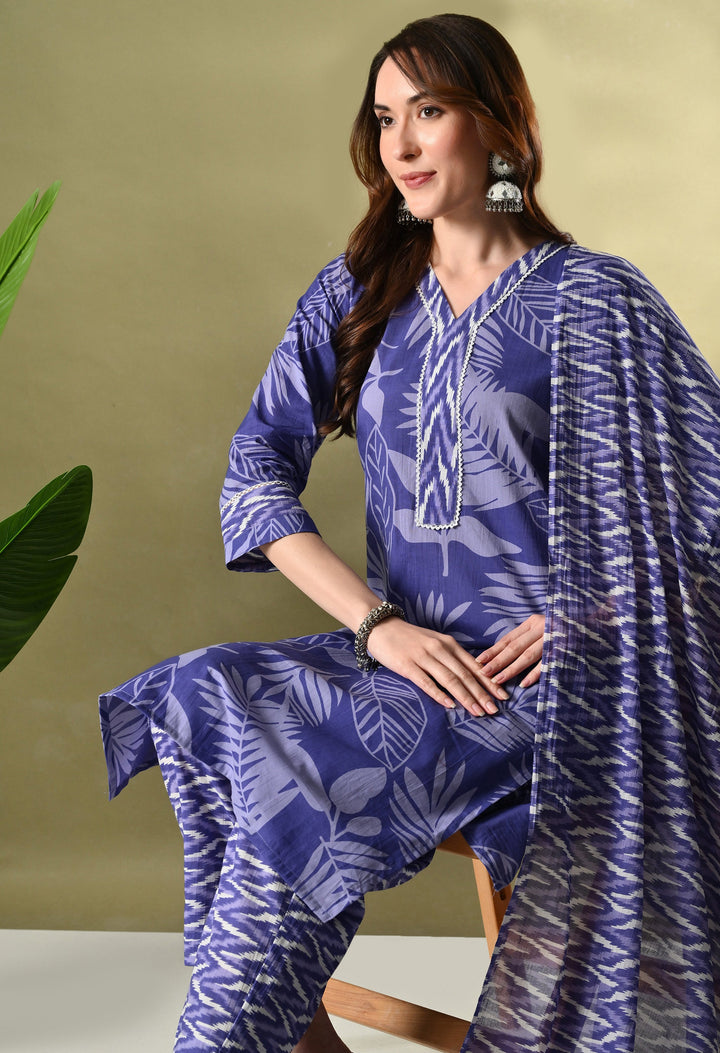 Purple Floral V-Neck Kurta Sets