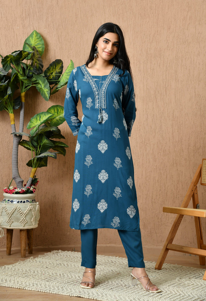 Teal Floral Round Neck Kurta Sets
