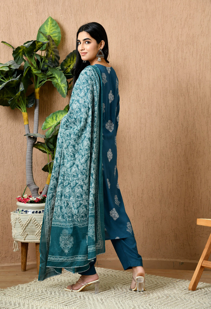 Teal Floral Round Neck Kurta Sets
