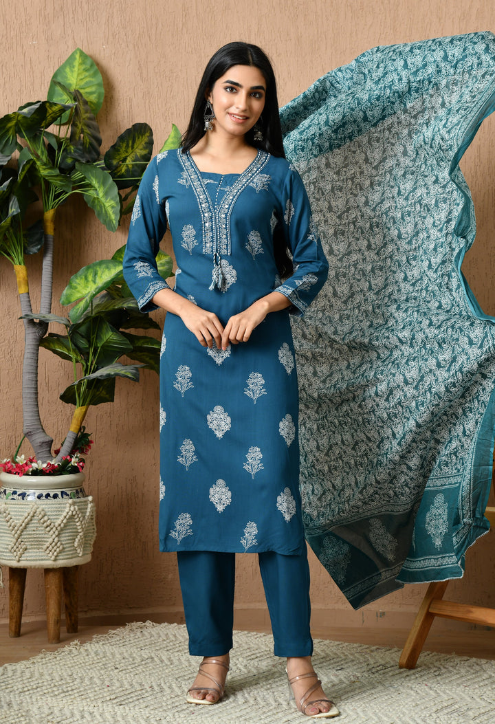 Teal Floral Round Neck Kurta Sets