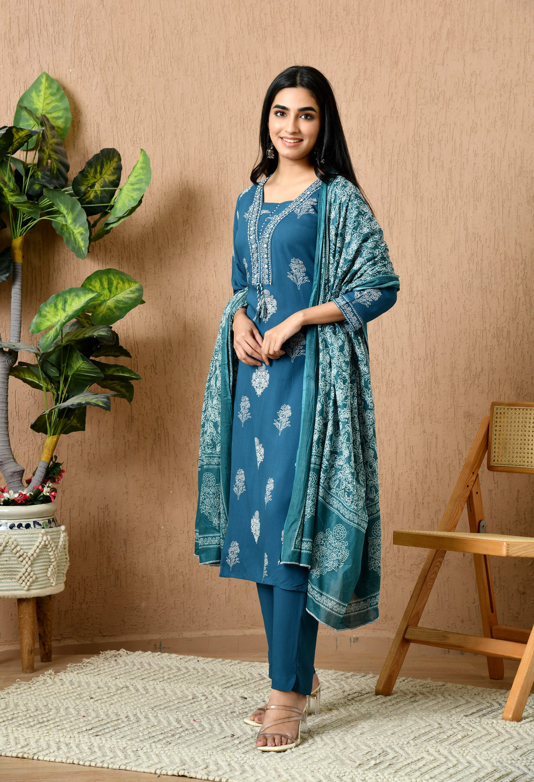 Teal Floral Round Neck Kurta Sets